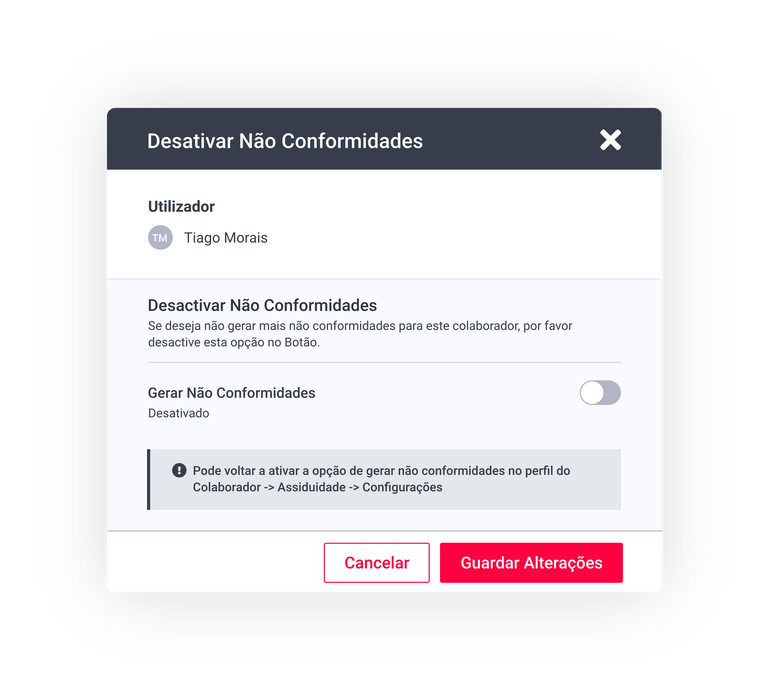 Interface para desactivar as não conformidades no portal YO! de modo rápido e eficaz