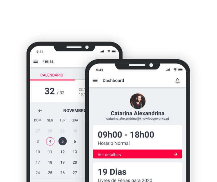 Smartphones com as utilidades do YO! com um calendário para a a fácil marcação de férias e registo de horas extra